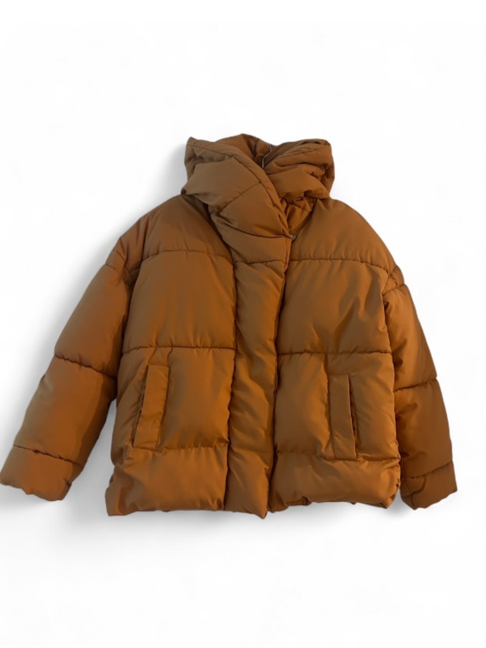 H&M Oversized Tan/Camel Puffer Coat Outerwear Hooded Jacket w/ Pockets Size 4